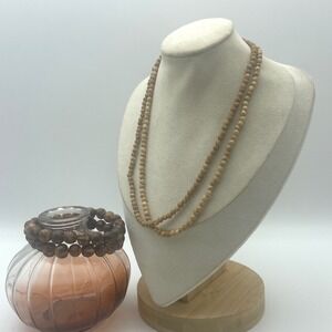 Vintage Wood Bead Necklace and Bracelet Set Women's jewelry brown set light dark
